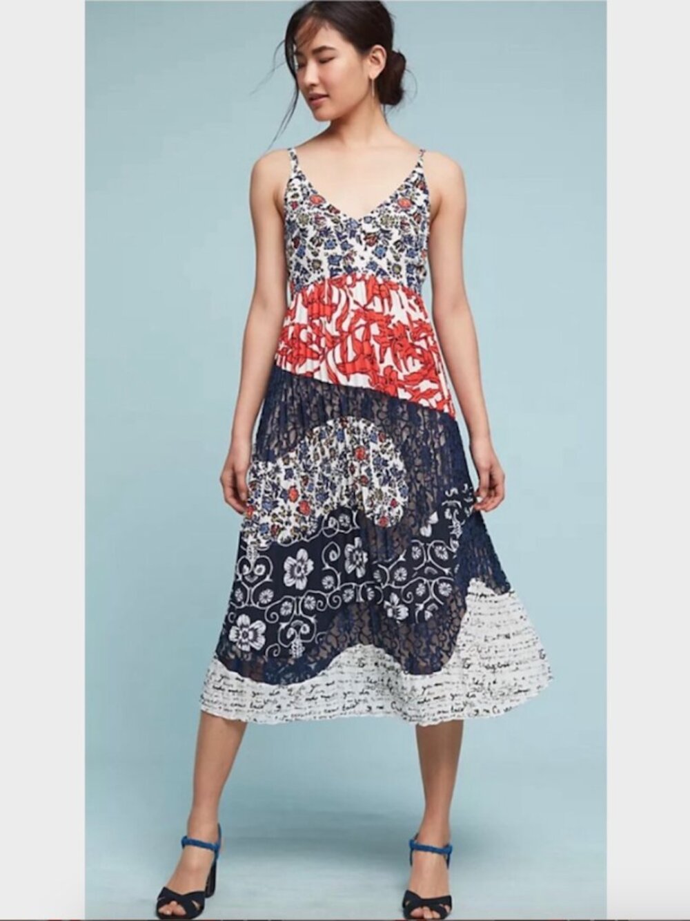 Maeve Isa Mixed Media Pleated Lace Red White & Blue Midi Dress - US 6